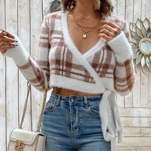 BROWN & WHITE PLAID SIDE TIE FLUFFY KNIT CARDIGAN CUTE FALL WINTER CASUAL